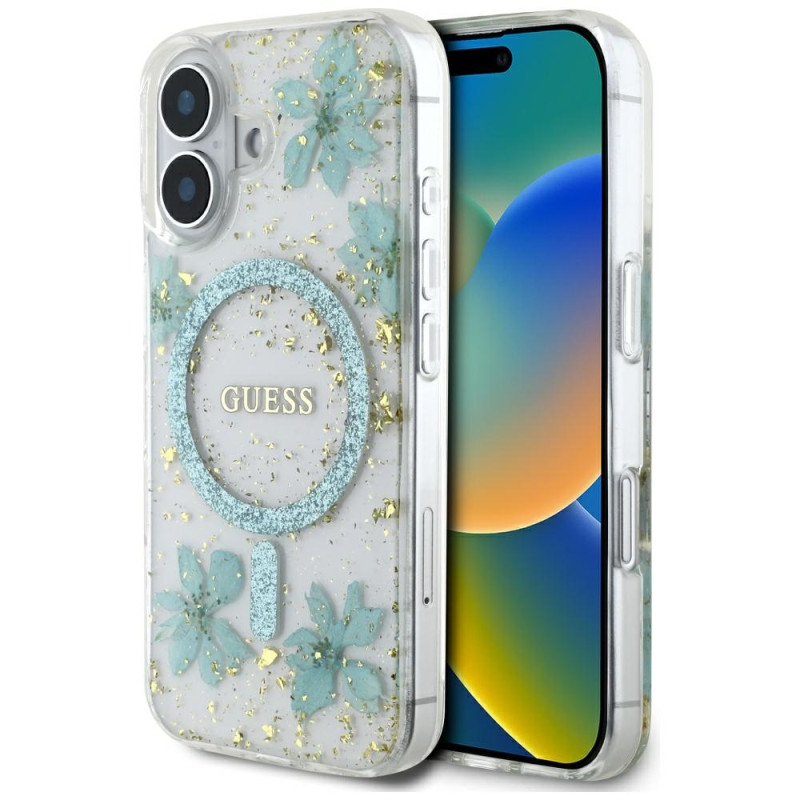 „Guess“ blizgučiais puoštas „MagSafe iPhone 16“ dėklas su dervos gėlėmis – skaidriai žalias
