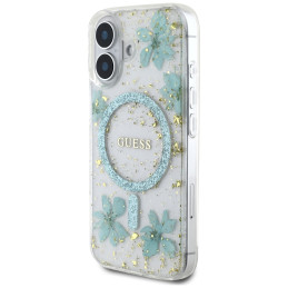 „Guess“ blizgučiais puoštas „MagSafe iPhone 16“ dėklas su dervos gėlėmis – skaidriai žalias
