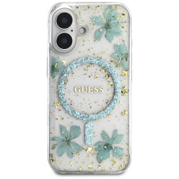 „Guess“ blizgučiais puoštas „MagSafe iPhone 16“ dėklas su dervos gėlėmis – skaidriai žalias