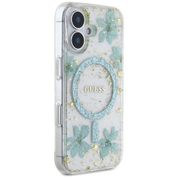 „Guess“ blizgučiais puoštas „MagSafe iPhone 16“ dėklas su dervos gėlėmis – skaidriai žalias