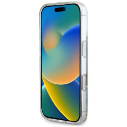 „Guess“ blizgučiais puoštas „MagSafe iPhone 16“ dėklas su dervos gėlėmis – skaidriai žalias