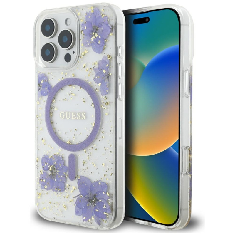 „Guess“ „MagSafe iPhone 16 Pro Max“ dėklas su „Resin Flowers“ – violetinis