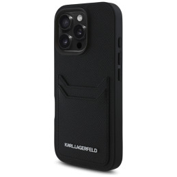 Karl Lagerfeld HC grūdėtas PU metalinis pailgas dėklas iPhone 16 Pro Max - juodas