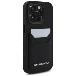 Karl Lagerfeld HC grūdėtas PU metalinis pailgas dėklas iPhone 16 Pro Max - juodas