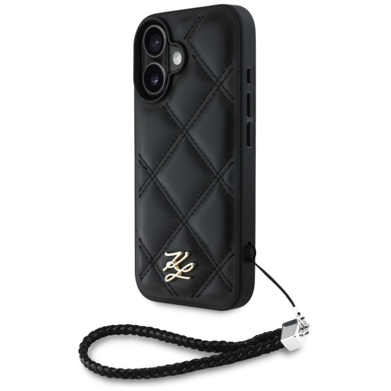 Karl Lagerfeld dygsniuotas inicialo logotipas ir grandinėlės dirželis iPhone 16 telefonui – juodas