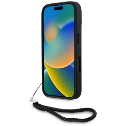 Karl Lagerfeld dygsniuotas inicialo logotipas ir grandinėlės dirželis iPhone 16 telefonui – juodas
