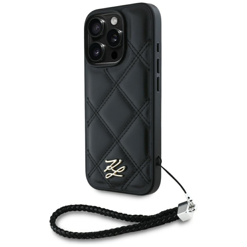 Karl Lagerfeld iPhone 16 Pro Max dėklas su dygsniuotu inicialų logotipu ir grandinėlės dirželiu – juodas