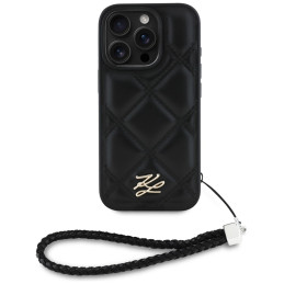 Karl Lagerfeld iPhone 16 Pro Max dėklas su dygsniuotu inicialų logotipu ir grandinėlės dirželiu – juodas
