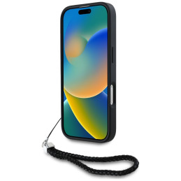 Karl Lagerfeld iPhone 16 Pro Max dėklas su dygsniuotu inicialų logotipu ir grandinėlės dirželiu – juodas