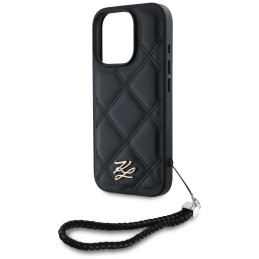 Karl Lagerfeld iPhone 16 Pro Max dėklas su dygsniuotu inicialų logotipu ir grandinėlės dirželiu – juodas