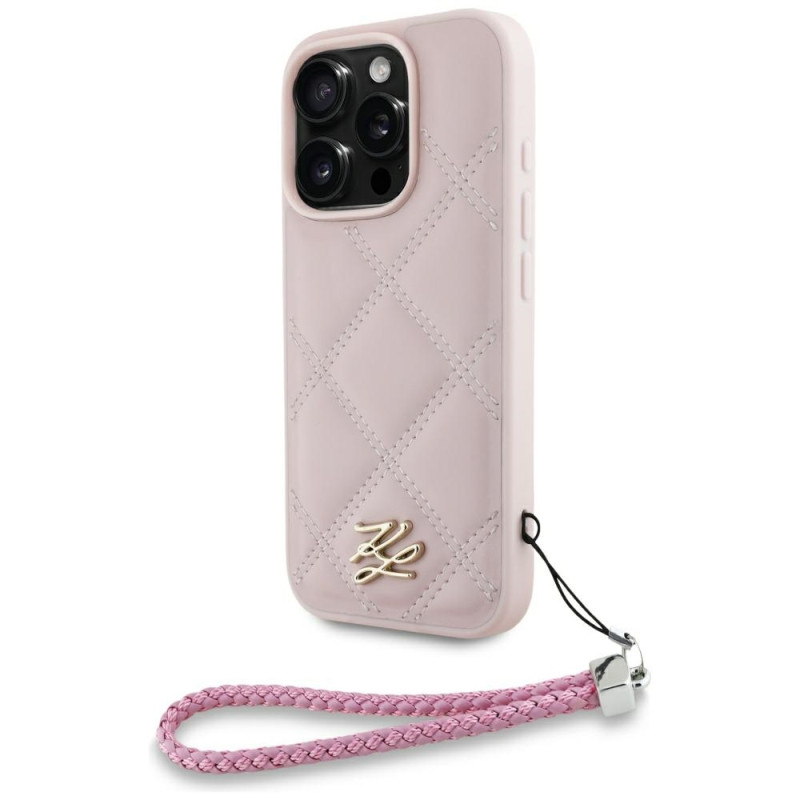 Karl Lagerfeld iPhone 16 Pro Max dėklas su dygsniuotu inicialo logotipu ir grandinėlės dirželiu – rožinis
