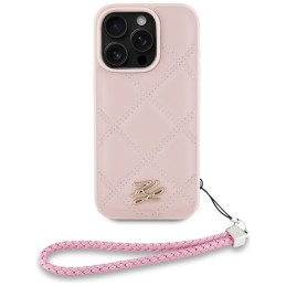 Karl Lagerfeld iPhone 16 Pro Max dėklas su dygsniuotu inicialo logotipu ir grandinėlės dirželiu – rožinis