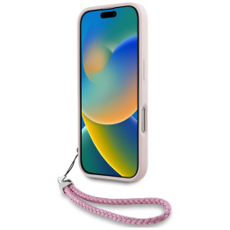 Karl Lagerfeld iPhone 16 Pro Max dėklas su dygsniuotu inicialo logotipu ir grandinėlės dirželiu – rožinis