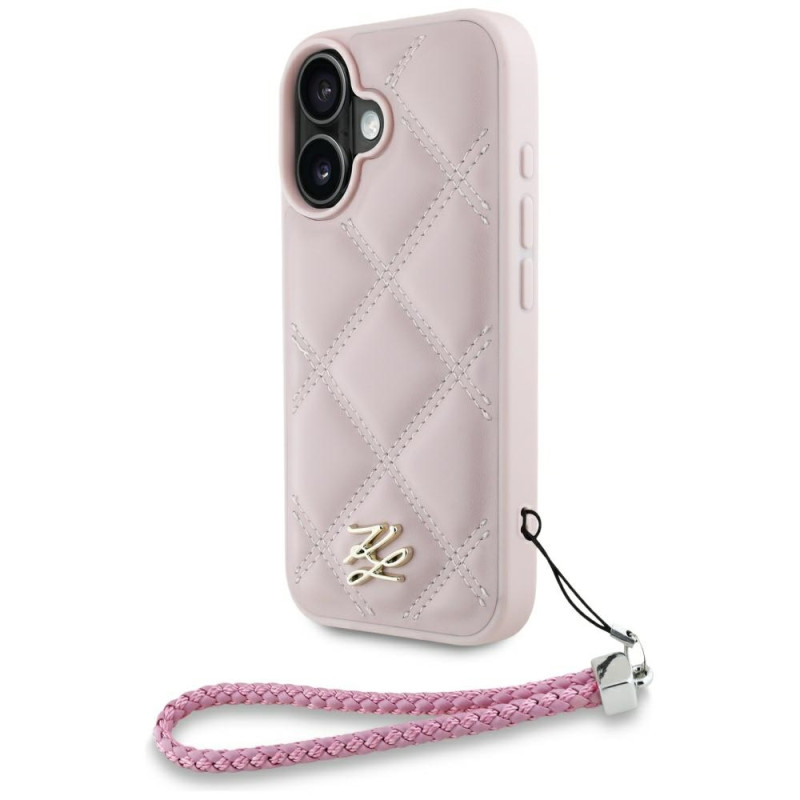 Karl Lagerfeld dygsniuotas inicialo logotipas ir grandinėlės dirželis iPhone 16 dėklas – rožinis
