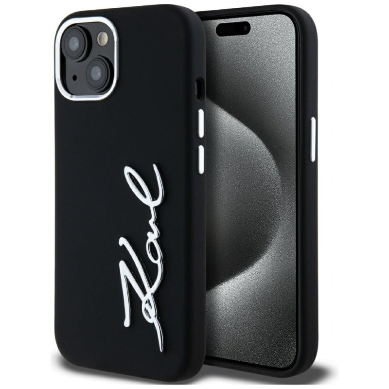 Karl Lagerfeld silikoninis metalinis „iPhone 15“ dėklas su užrašu ir logotipu – juodas