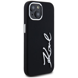 Karl Lagerfeld silikoninis metalinis „iPhone 15“ dėklas su užrašu ir logotipu – juodas