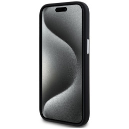 Karl Lagerfeld silikoninis metalinis „iPhone 15“ dėklas su užrašu ir logotipu – juodas