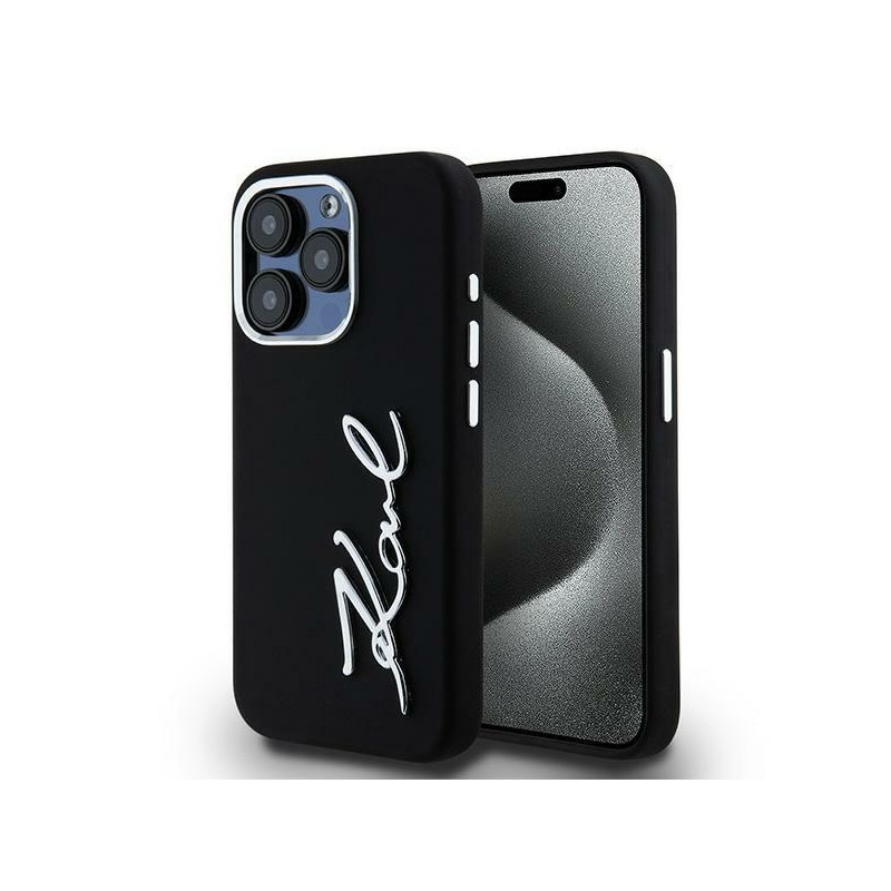 Karl Lagerfeld silikoninis metalinis „iPhone 15 Pro Max“ dėklas su užrašu ir logotipu – juodas
