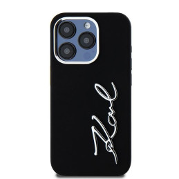 Karl Lagerfeld silikoninis metalinis „iPhone 15 Pro Max“ dėklas su užrašu ir logotipu – juodas