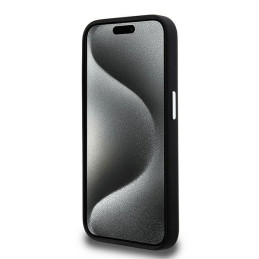 Karl Lagerfeld silikoninis metalinis „iPhone 15 Pro Max“ dėklas su užrašu ir logotipu – juodas