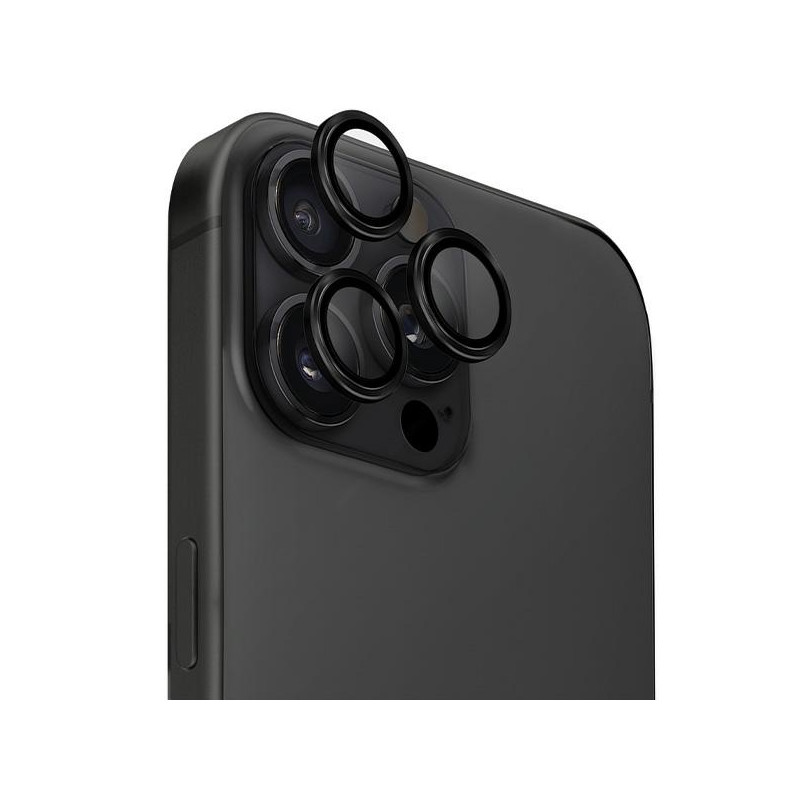 UNIQ Optix aliuminio kameros objektyvo apsauga iPhone 16 Pro / 16 Pro Max su aplikatoriumi – juoda