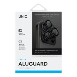 UNIQ Optix aliuminio kameros objektyvo apsauga iPhone 16 Pro / 16 Pro Max su aplikatoriumi – juoda