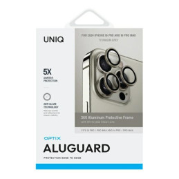 UNIQ Optix aliuminio kameros objektyvo apsauga iPhone 16 Pro / 16 Pro Max su aplikatoriumi - titano spalvos