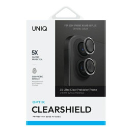 UNIQ Optix skaidrus fotoaparato objektyvo apsauginis dėklas iPhone 16 / 16 Plus su aplikatoriumi – skaidriai juodas