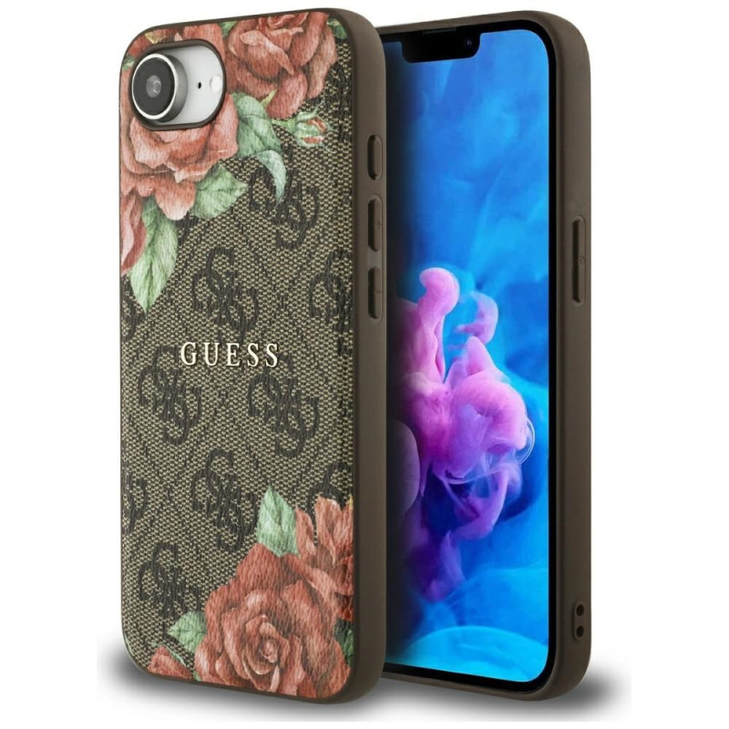 „Guess 4G“ „MagSafe“ dėklas su gėlių raštu, skirtas „iPhone 16e“ – rudas