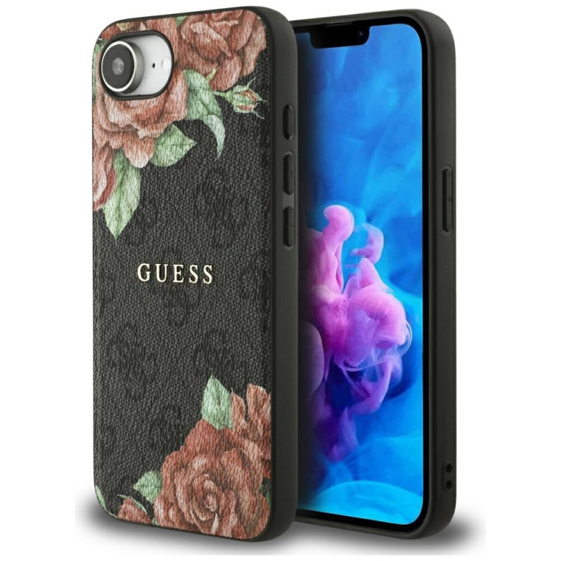 „Guess 4G“ „MagSafe“ dėklas su gėlių raštu, skirtas „iPhone 16e“ – juodas