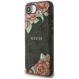 „Guess 4G“ „MagSafe“ dėklas su gėlių raštu, skirtas „iPhone 16e“ – juodas