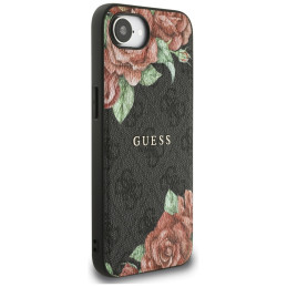 „Guess 4G“ „MagSafe“ dėklas su gėlių raštu, skirtas „iPhone 16e“ – juodas