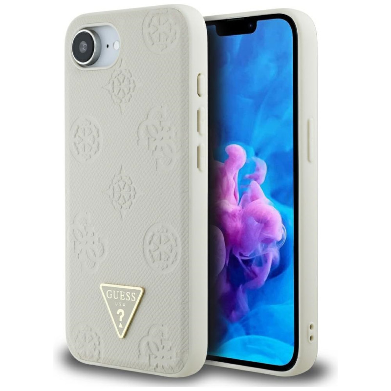 „Guess“ „Grained Hot Stamp Peony Triangle Logo MagSafe“ dėklas, skirtas „iPhone 16e“ – smėlio spalvos