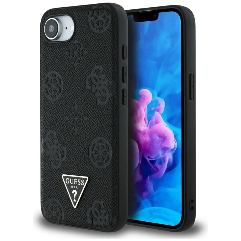„Guess“ grūdėto karšto spaudimo „Peony“ trikampio logotipo „MagSafe“ dėklas, skirtas „iPhone 16e“ – juodas