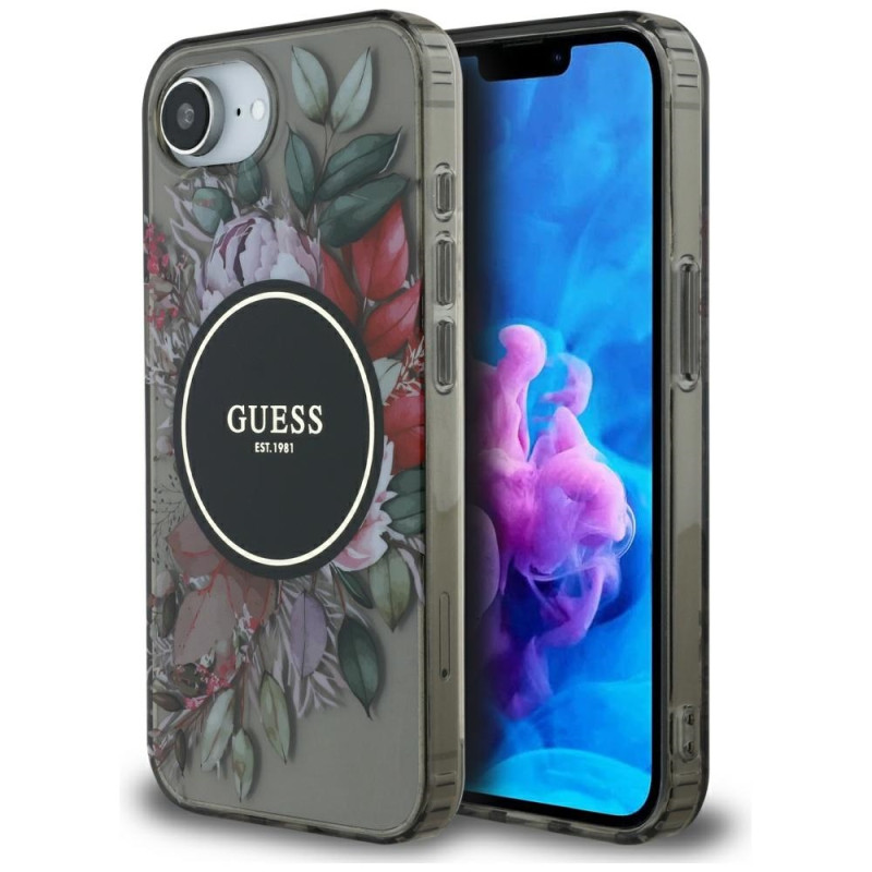 „Guess IML Flowers MagSafe iPhone 16e“ dėklas – juodas