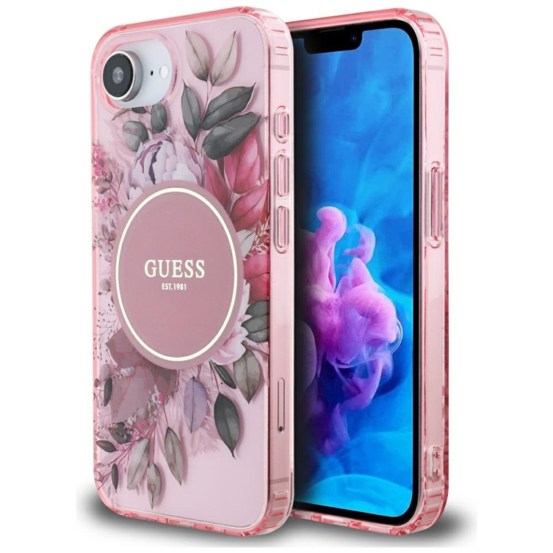 „Guess IML Flowers MagSafe iPhone 16e“ dėklas – rožinis