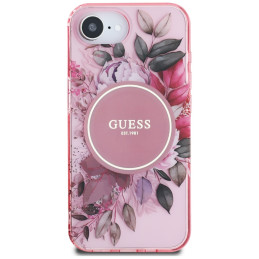 „Guess IML Flowers MagSafe iPhone 16e“ dėklas – rožinis