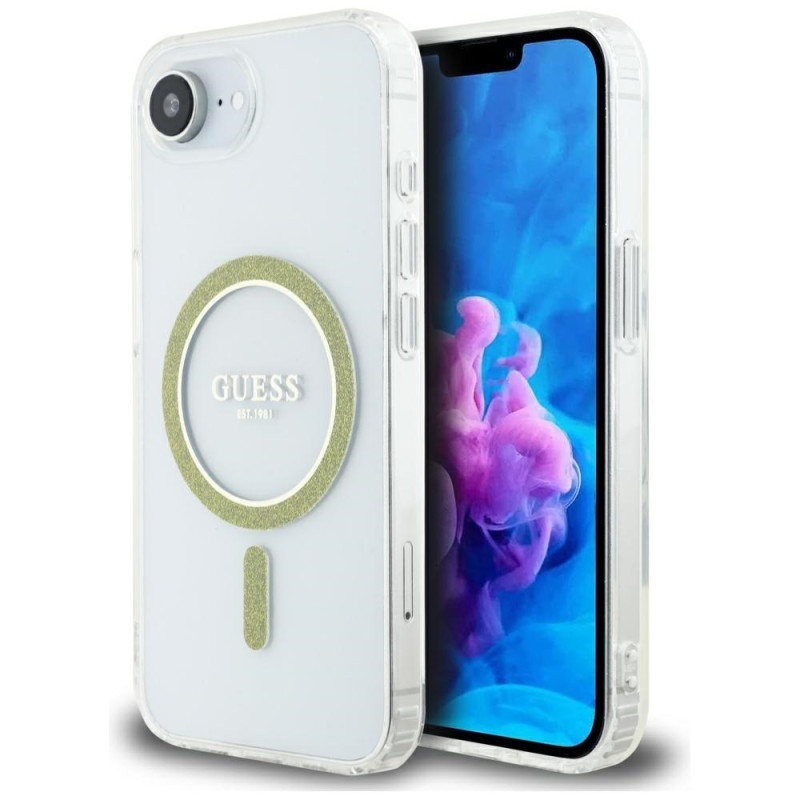 „Guess IML Glitter Circle MagSafe iPhone 16e“ dėklas – skaidrus