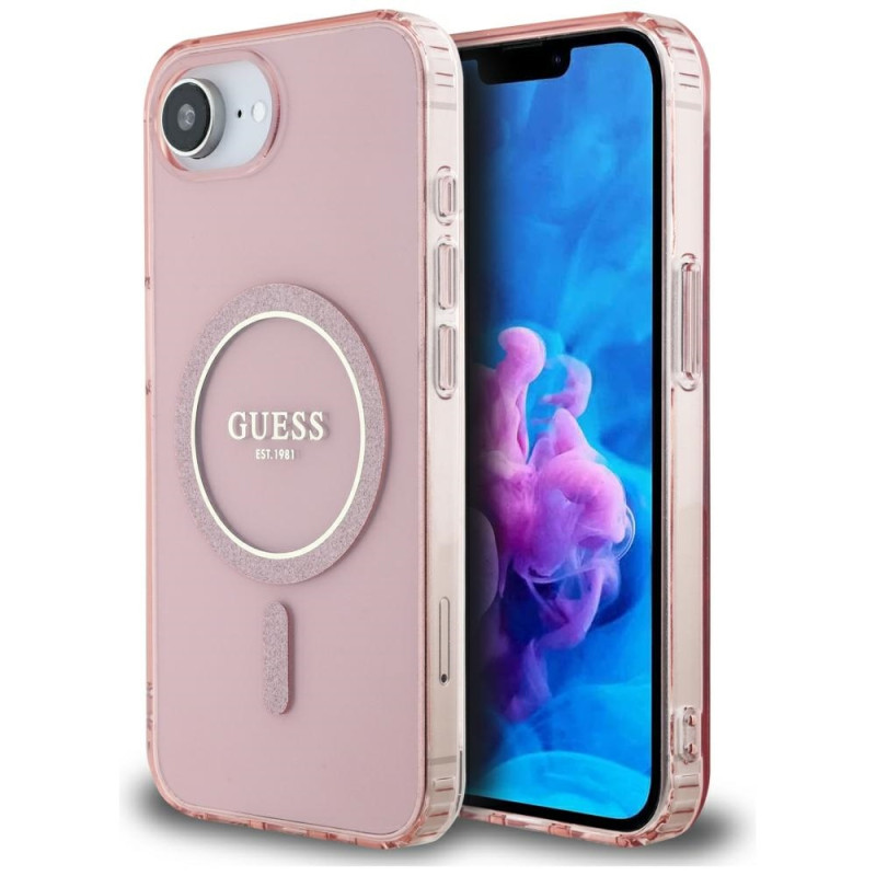 „Guess IML Glitter Circle MagSafe“ dėklas, skirtas „iPhone 16e“ – rožinis