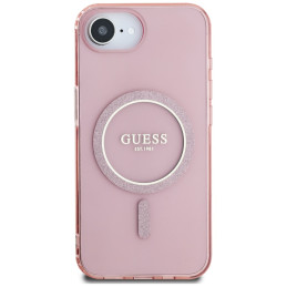 „Guess IML Glitter Circle MagSafe“ dėklas, skirtas „iPhone 16e“ – rožinis