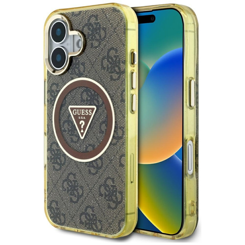 „Guess IML Metal Glitter 4G Circle Triangle MagSafe“ dėklas, skirtas iPhone 16 – rudas