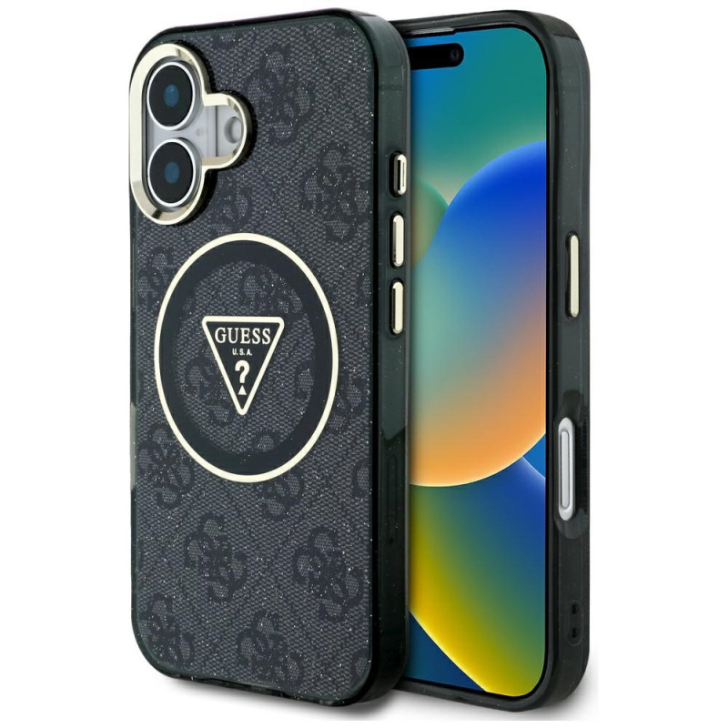 „Guess IML Metal Glitter 4G Circle Triangle MagSafe“ dėklas, skirtas iPhone 16 – juodas