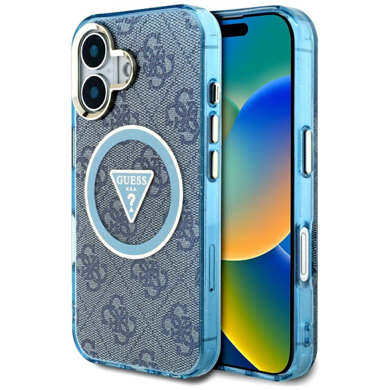 „Guess IML Metal Glitter 4G Circle Triangle MagSafe“ dėklas, skirtas iPhone 16 – mėlynas