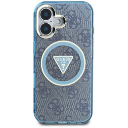 „Guess IML Metal Glitter 4G Circle Triangle MagSafe“ dėklas, skirtas iPhone 16 – mėlynas