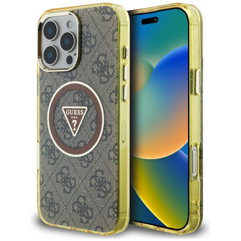 „Guess IML Metal Glitter 4G Circle Triangle MagSafe“ dėklas, skirtas „iPhone 16 Pro Max“ – rudas
