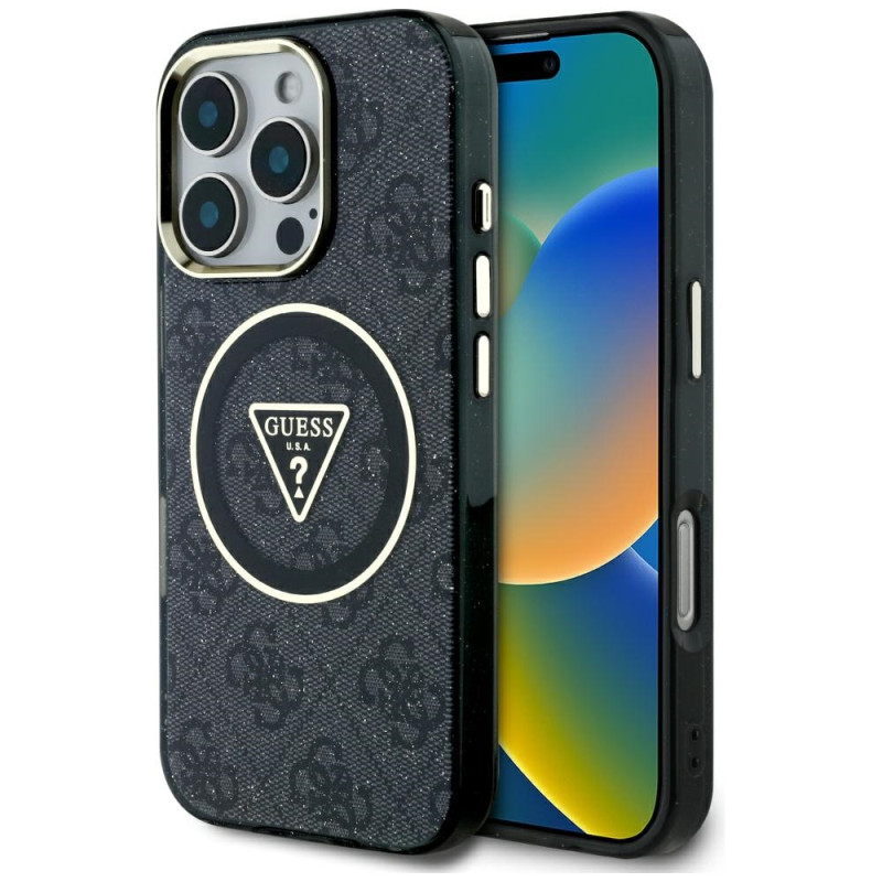 „Guess IML Metal Glitter 4G Circle Triangle MagSafe“ dėklas, skirtas „iPhone 16 Pro Max“ – juodas
