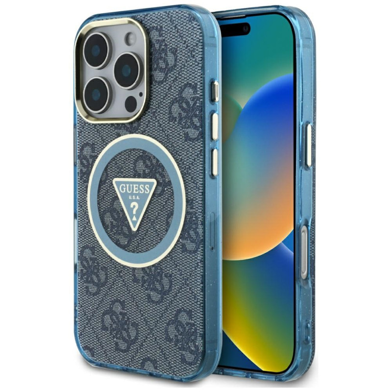 „Guess IML Metal Glitter 4G Circle Triangle MagSafe“ dėklas, skirtas „iPhone 16 Pro Max“ – mėlynas