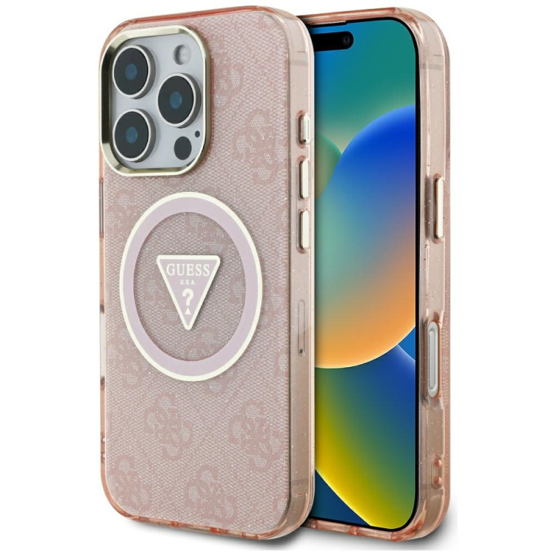 „Guess IML Metal Glitter 4G Circle Triangle MagSafe“ dėklas, skirtas „iPhone 16 Pro Max“ – rožinis