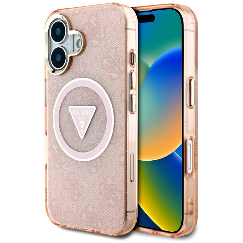 „Guess IML Metal Glitter 4G Circle Triangle MagSafe“ dėklas, skirtas „iPhone 16“ – rožinis