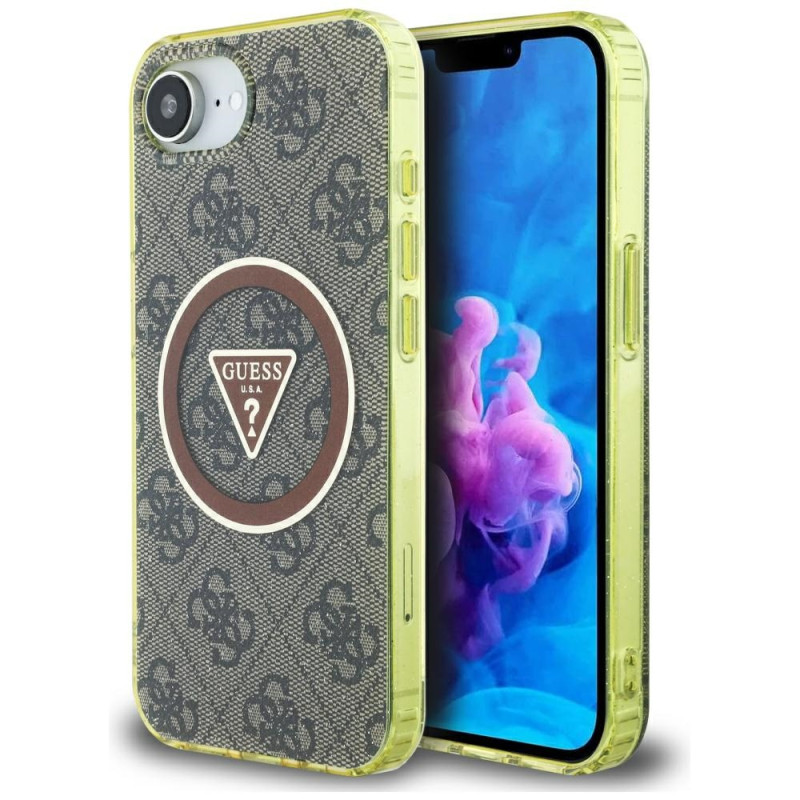 „Guess IML Metal Glitter 4G Circle Triangle MagSafe“ dėklas, skirtas „iPhone 16e“ – rudas